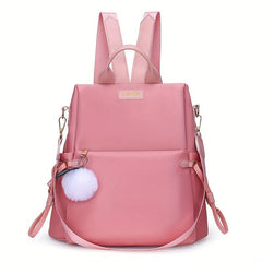 Casual Zipper Backpack Minimalist Travel Daypack with Pom Pom Decor