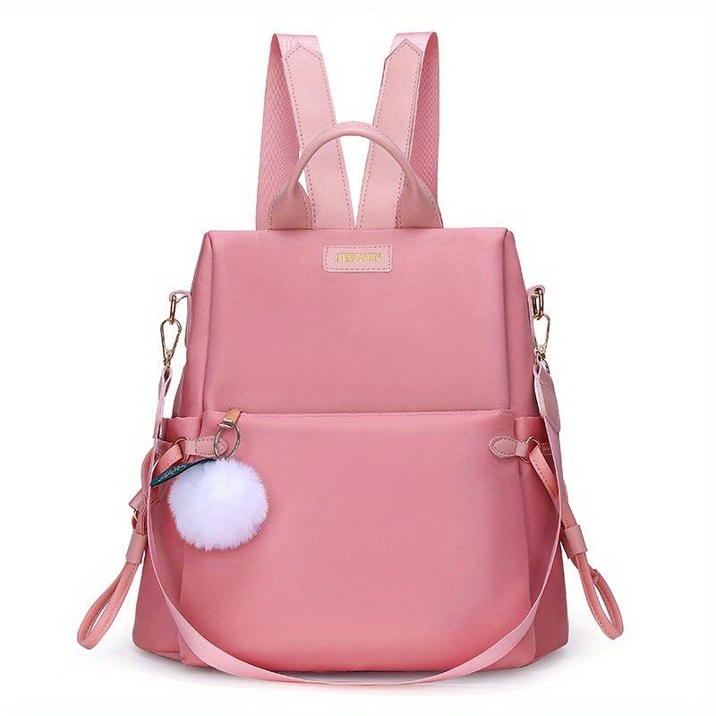 Casual Zipper Backpack Minimalist Travel Daypack with Pom Pom Decor