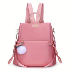 Casual Zipper Backpack Minimalist Travel Daypack with Pom Pom Decor
