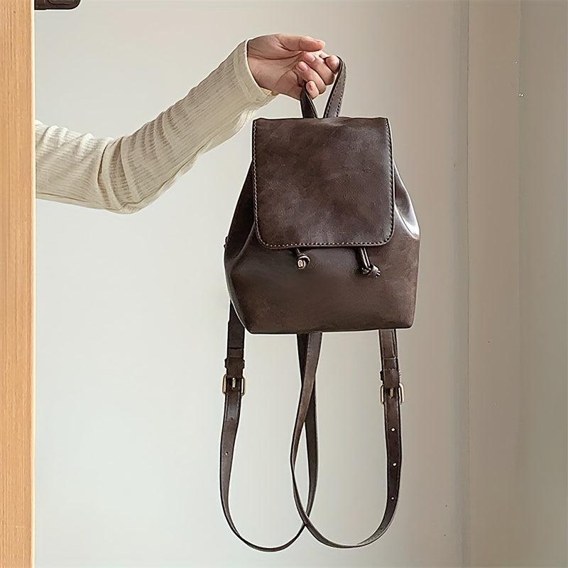 Vintage Vegan Leather Flap Backpack Mini Drawstring Daypack