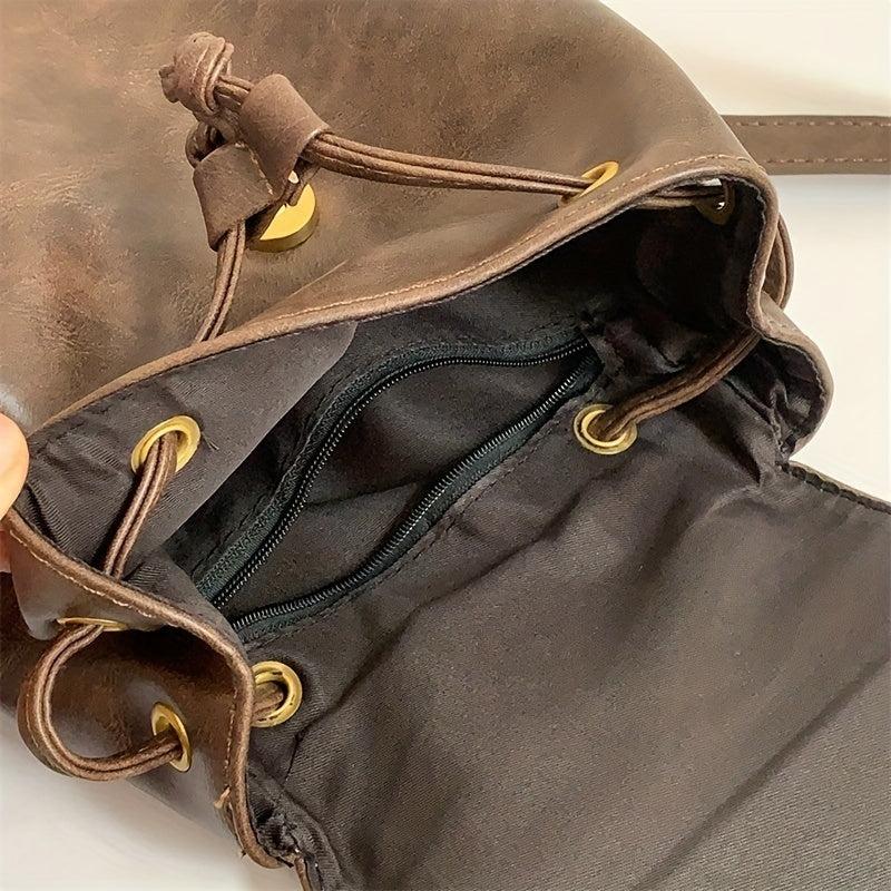 Vintage Vegan Leather Flap Backpack Mini Drawstring Daypack
