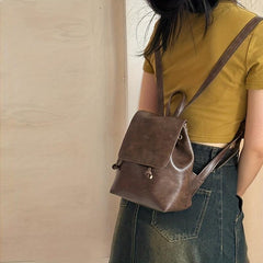 Vintage Vegan Leather Flap Backpack Mini Drawstring Daypack