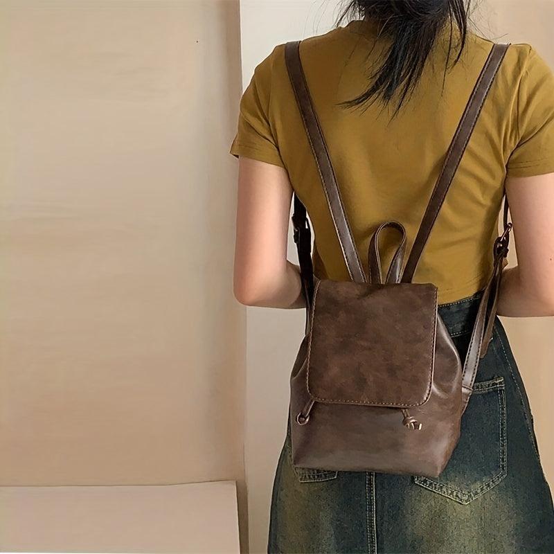 Vintage Vegan Leather Flap Backpack Mini Drawstring Daypack