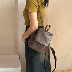 Vintage Vegan Leather Flap Backpack Mini Drawstring Daypack