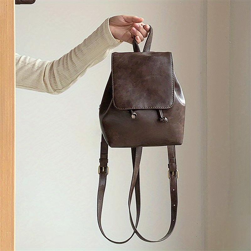 Vintage Vegan Leather Flap Backpack Mini Drawstring Daypack