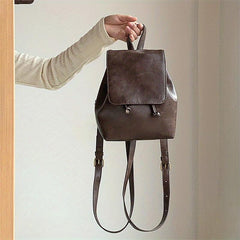 Vintage Vegan Leather Flap Backpack Mini Drawstring Daypack