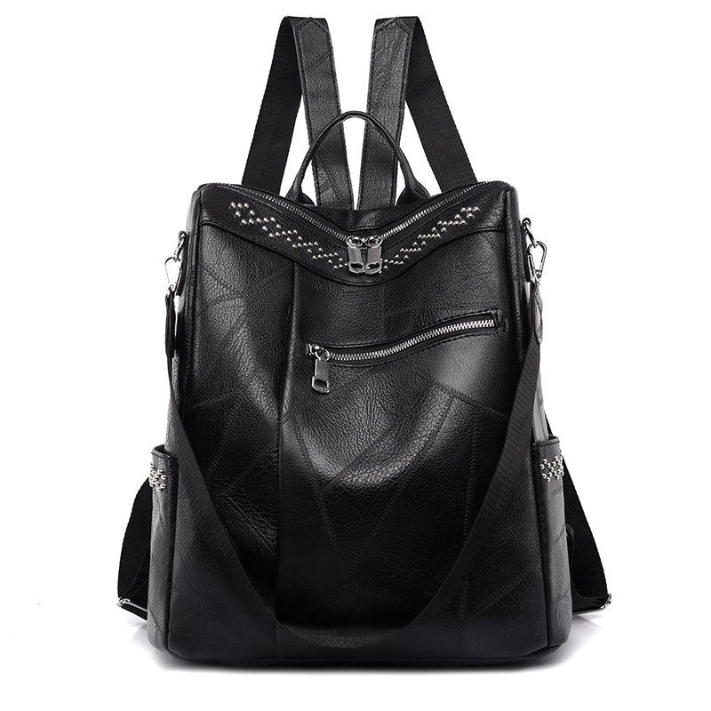 Vintage Studded Zipper Backpack Women's Faux Leather Shoulder Bag