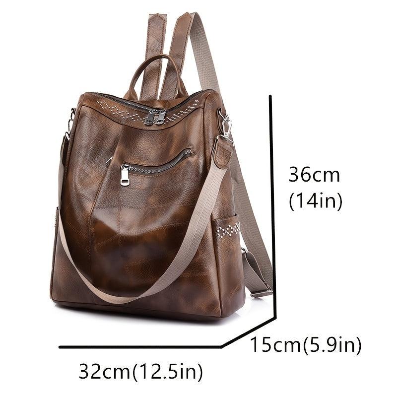 Vintage Studded Zipper Backpack Women's Faux Leather Shoulder Bag