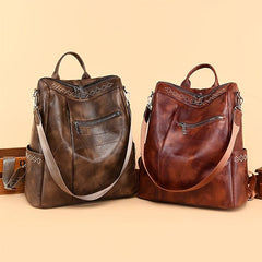 Vintage Studded Zipper Backpack Women's Faux Leather Shoulder Bag