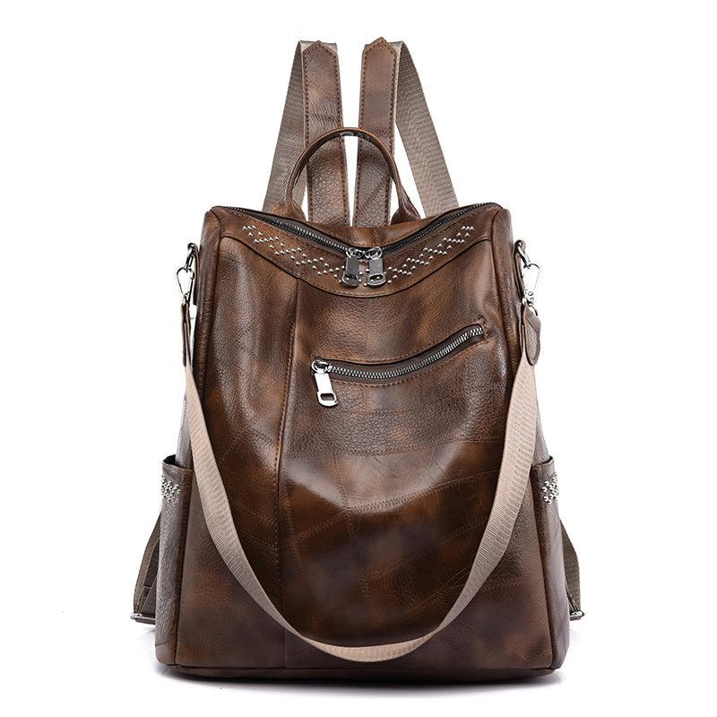 Vintage Studded Zipper Backpack Women's Faux Leather Shoulder Bag