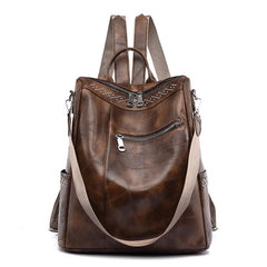 Vintage Studded Zipper Backpack Women's Faux Leather Shoulder Bag