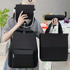 Solid Backpack Preppy Style Travel Schoolbag with 4Pcs Set