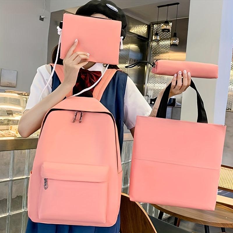Solid Backpack Preppy Style Travel Schoolbag with 4Pcs Set