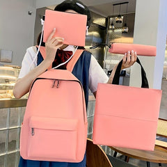 Solid Backpack Preppy Style Travel Schoolbag with 4Pcs Set