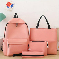 Solid Backpack Preppy Style Travel Schoolbag with 4Pcs Set