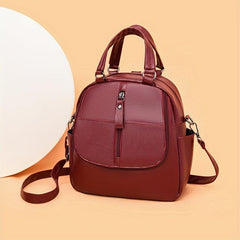 Small Handheld Zipper Backpack PU Leather Textured School Backpack