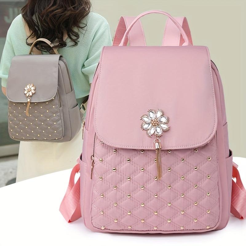 Flower Tassel Quilted Large Capacity Preppy Backpack
