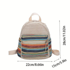 Colorful Woven Straw Backpack Colorblock Summer Beach Bag Boho Style Daypack