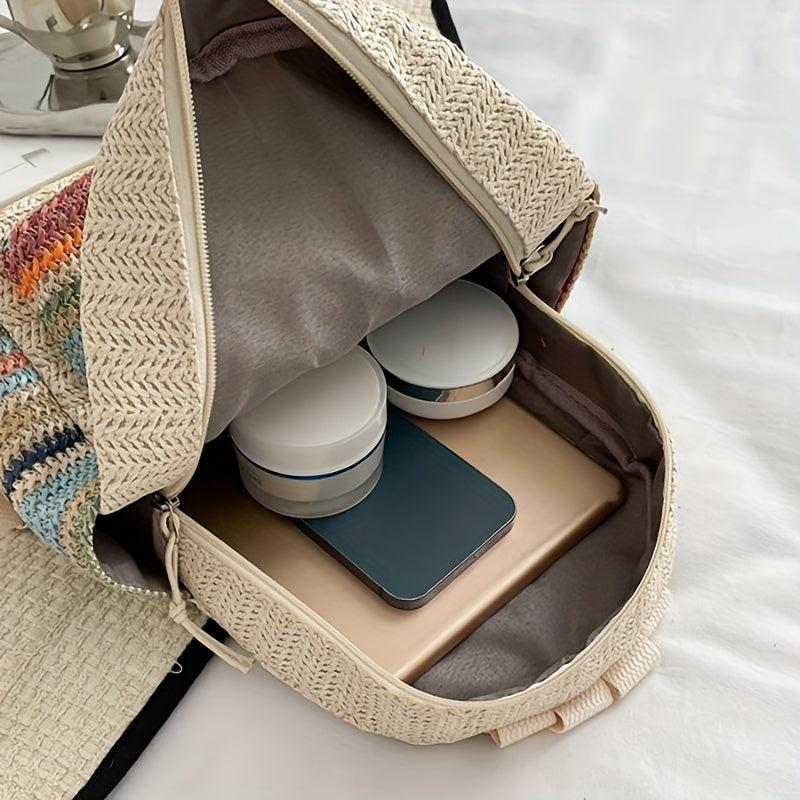 Colorful Woven Straw Backpack Colorblock Summer Beach Bag Boho Style Daypack