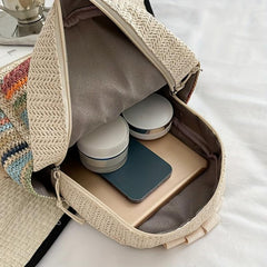 Colorful Woven Straw Backpack Colorblock Summer Beach Bag Boho Style Daypack