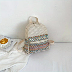 Colorful Woven Straw Backpack Colorblock Summer Beach Bag Boho Style Daypack