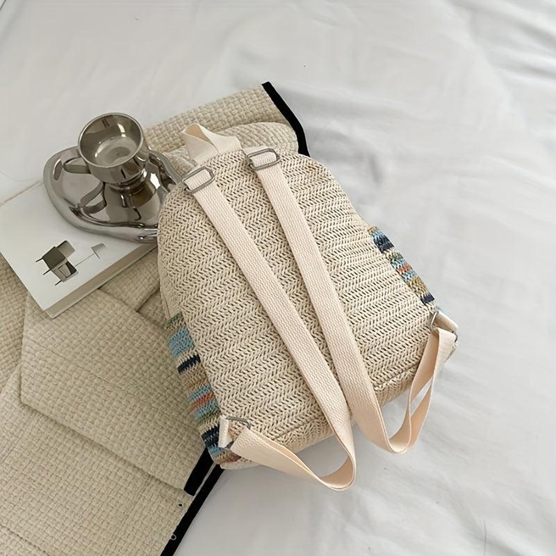 Colorful Woven Straw Backpack Colorblock Summer Beach Bag Boho Style Daypack