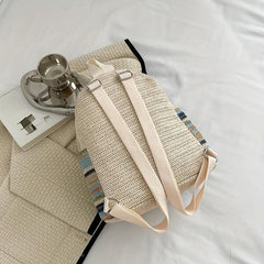 Colorful Woven Straw Backpack Colorblock Summer Beach Bag Boho Style Daypack