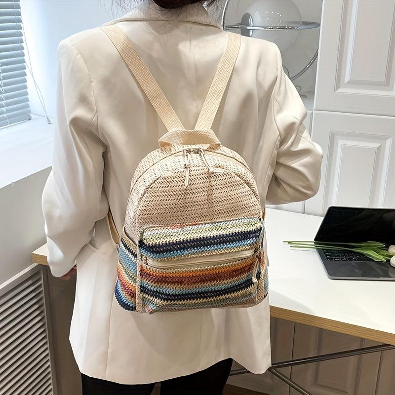 Colorful Woven Straw Backpack Colorblock Summer Beach Bag Boho Style Daypack