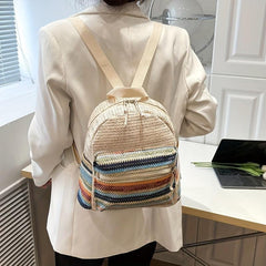 Colorful Woven Straw Backpack Colorblock Summer Beach Bag Boho Style Daypack