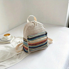Colorful Woven Straw Backpack Colorblock Summer Beach Bag Boho Style Daypack