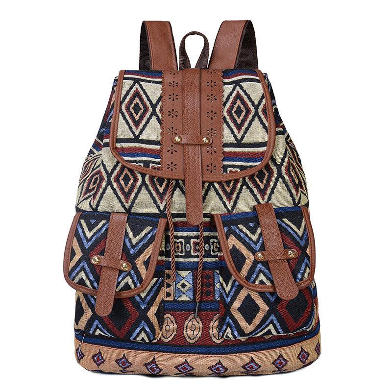 Vintage Ethnic Style Flap Backpack Retro Bohemian School Bag Geometric Pattern