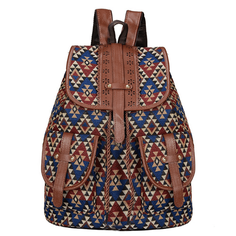 Vintage Ethnic Style Flap Backpack Retro Bohemian School Bag Geometric Pattern