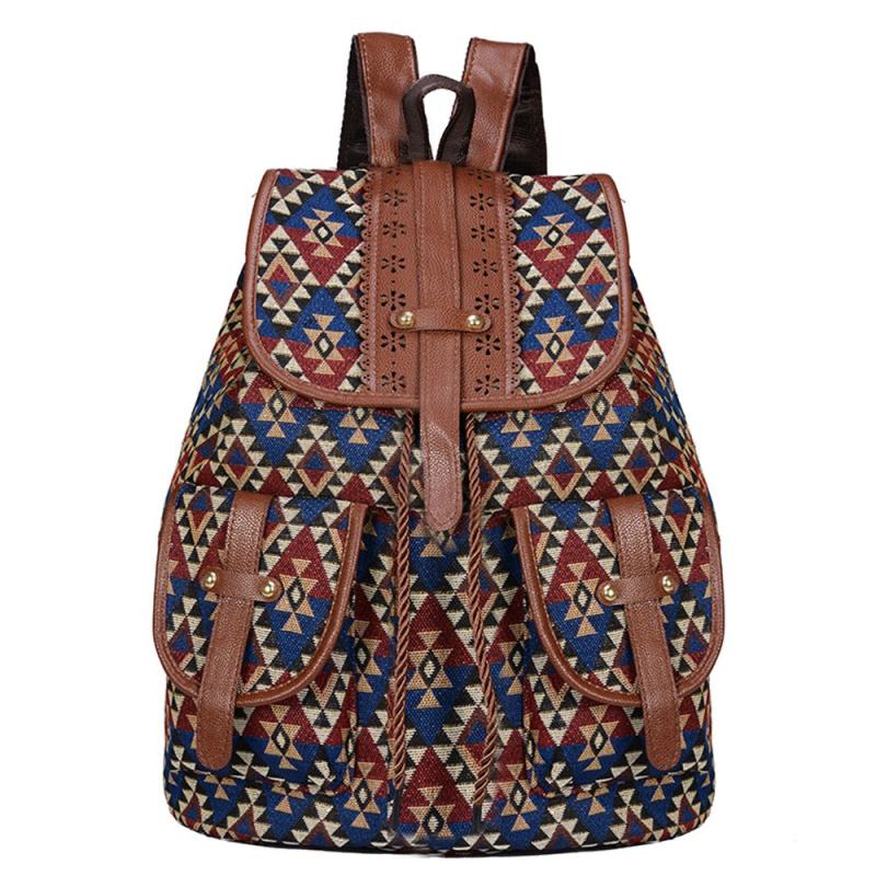 Vintage Ethnic Style Flap Backpack Retro Bohemian School Bag Geometric Pattern