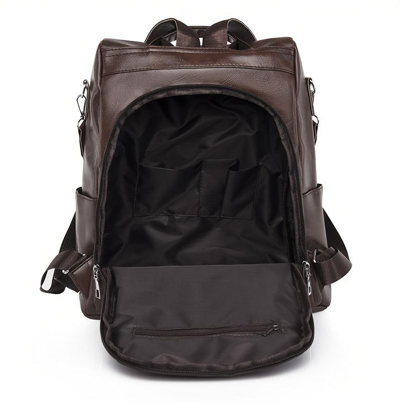 Faux Leather Backpack Casual Zipper Shoulder Bag for Travel & School
