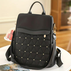 Argyle Embroidery Backpack Purse Two way Shoulder Bag Studded Travel Schoolbag