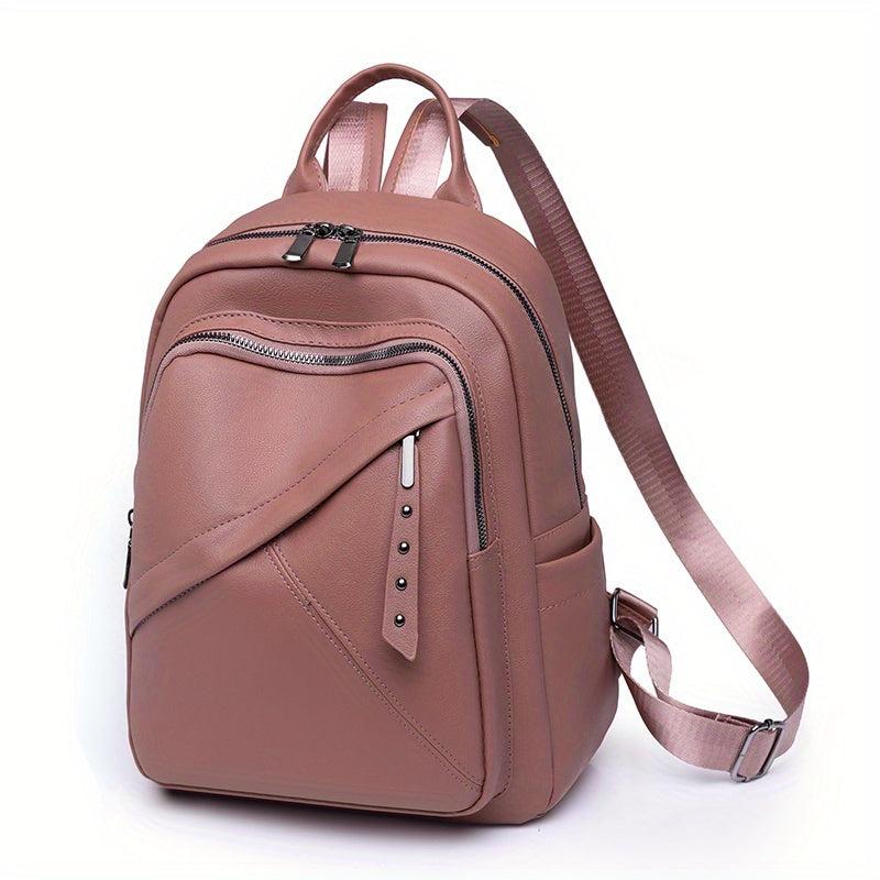 Solid Soft PU Leather Stylish Backpack Zipper Retro Knapsack