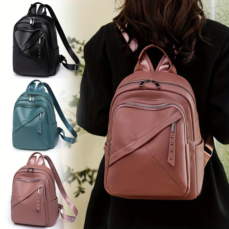 Solid Soft PU Leather Stylish Backpack Zipper Retro Knapsack