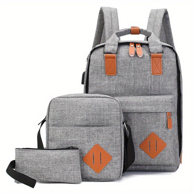 3 Pcs Casual Bag Sets Solid Backpack With Crossbody Bag & Clutch Wallet