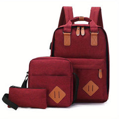 3 Pcs Casual Bag Sets Solid Backpack With Crossbody Bag & Clutch Wallet
