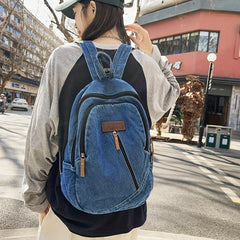 Vintage Denim Backpack Zipper Front School Bag Casual Large Capacity