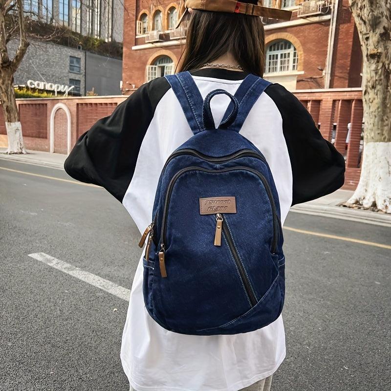 Vintage Denim Backpack Zipper Front School Bag Casual Large Capacity