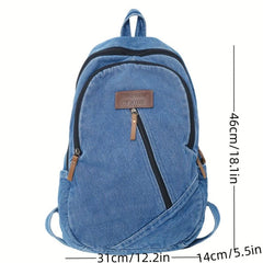 Vintage Denim Backpack Zipper Front School Bag Casual Large Capacity