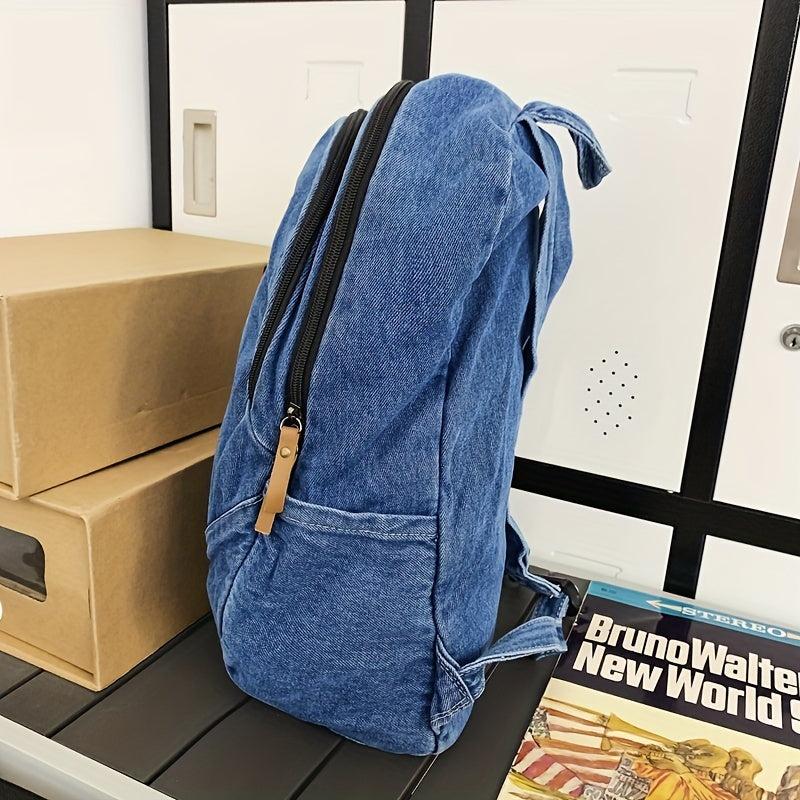 Vintage Denim Backpack Zipper Front School Bag Casual Large Capacity