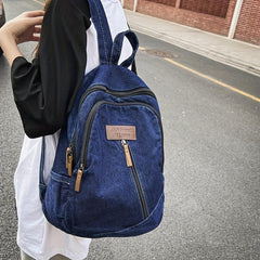 Vintage Denim Backpack Zipper Front School Bag Casual Large Capacity