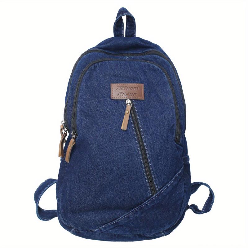 Vintage Denim Backpack Zipper Front School Bag Casual Large Capacity