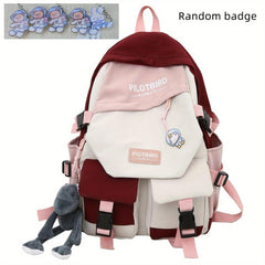 Preppy Colorblock Backpack with Pendant Decor
