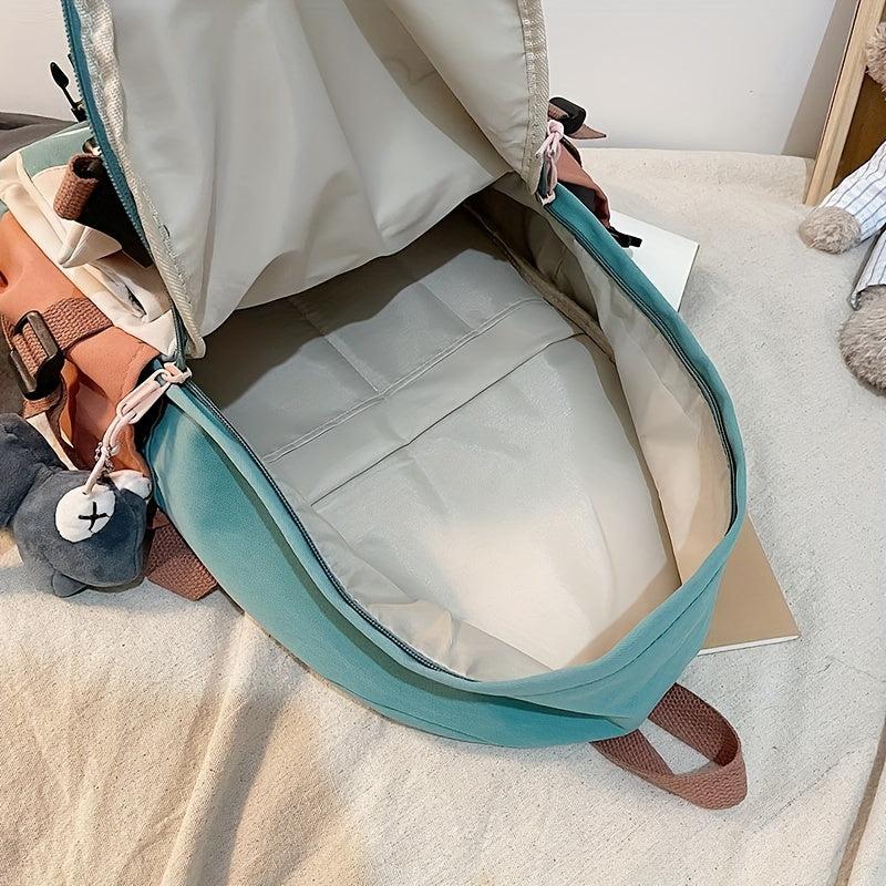 Preppy Colorblock Backpack with Pendant Decor