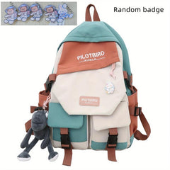 Preppy Colorblock Backpack with Pendant Decor