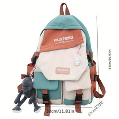Preppy Colorblock Backpack with Pendant Decor