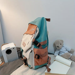 Preppy Colorblock Backpack with Pendant Decor